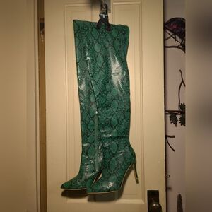 Fashion Nova Green Snake Print Over the Knee Boots